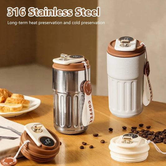 Botella Térmica Digital Inteligente de Acero Inoxidable – Vaso Portátil Aislado de 450 ml para Café y Agua, Ideal para Coche, Mantiene la Temperatura Fría o Caliente
